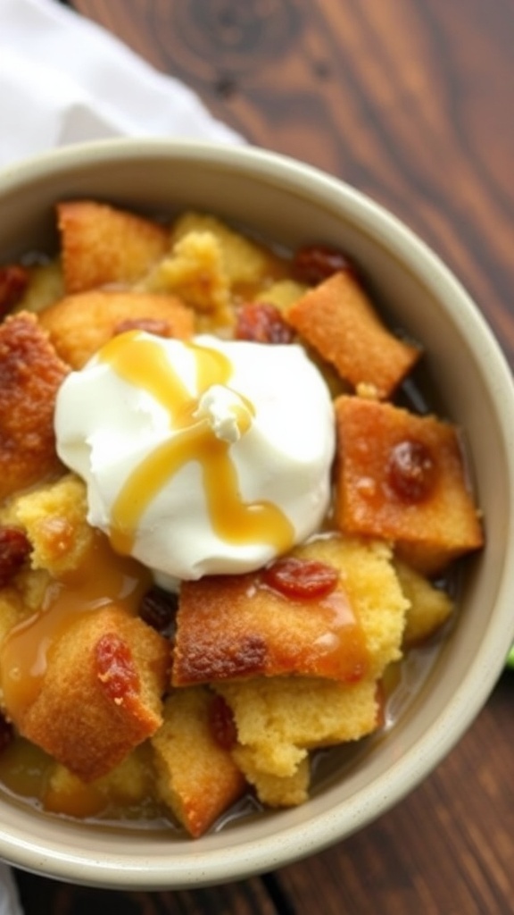 A bowl of warm bread pudding topped with whipped cream and caramel sauce, showcasing its golden brown texture.